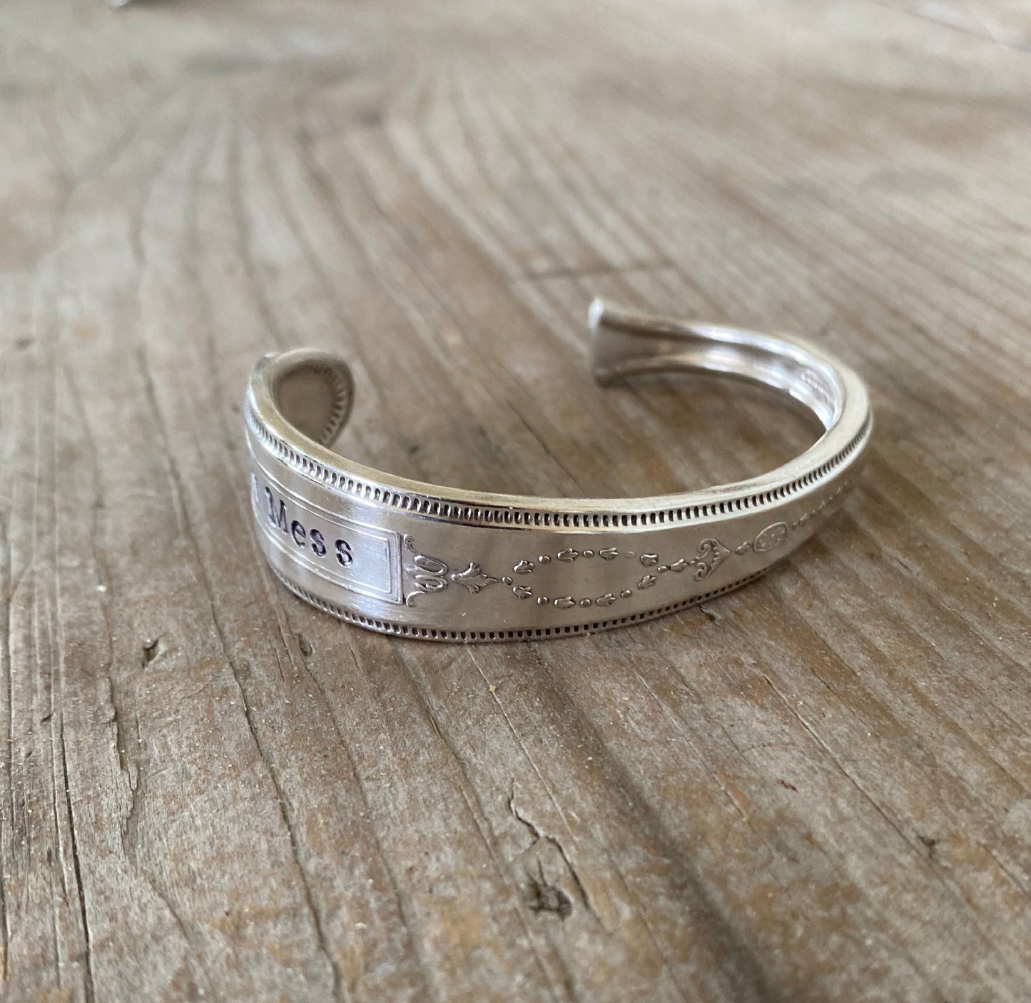 Upcycled silverware cuff bracelet hand stamped with HOT MESS
