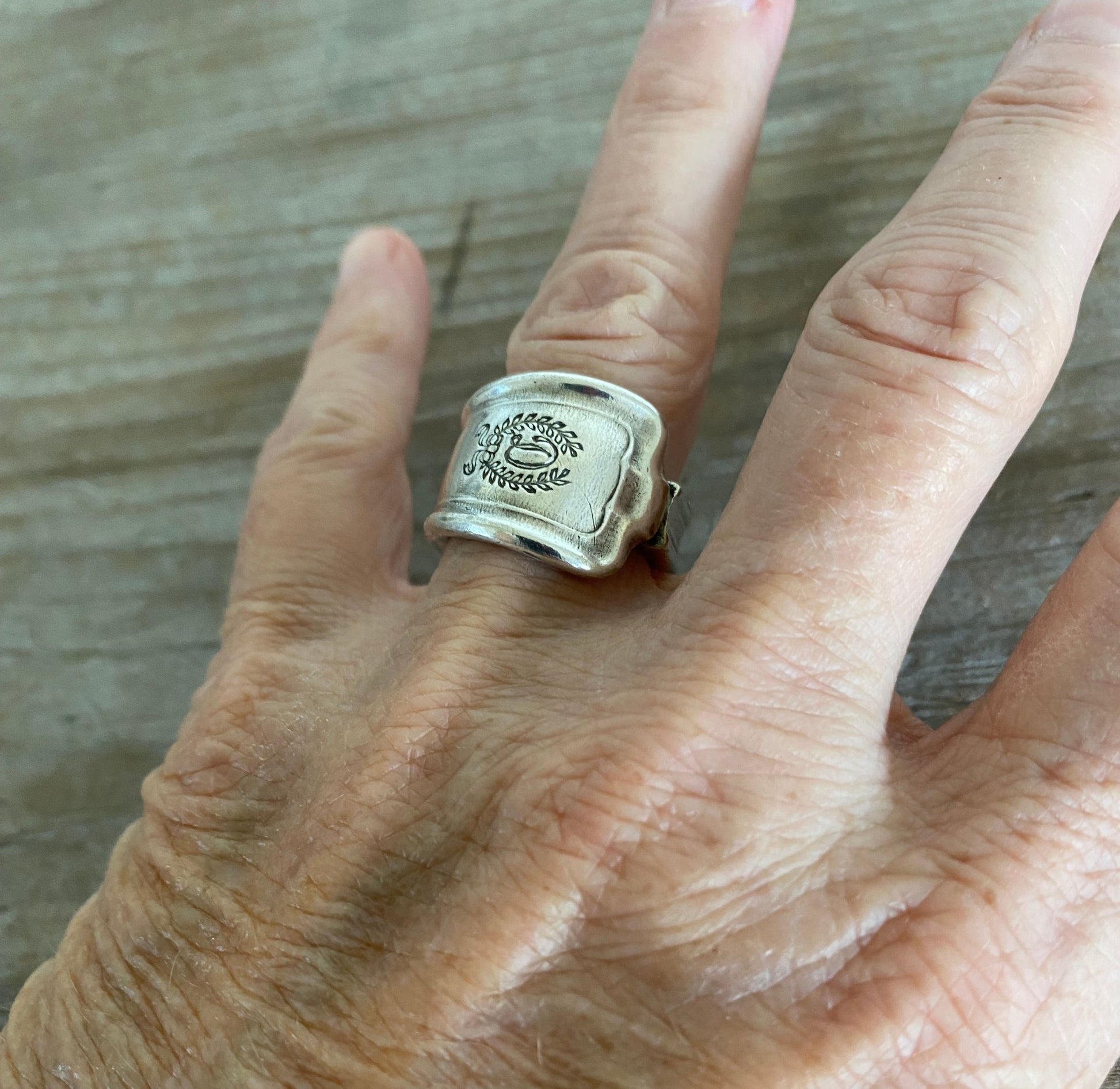 Handmade Spoon Ring from hotel silver from The Drake Hotel New York shown on model