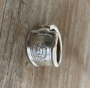 Close up of monogram "D" on Handmade Spoon Ring from hotel silver from The Drake Hotel New York