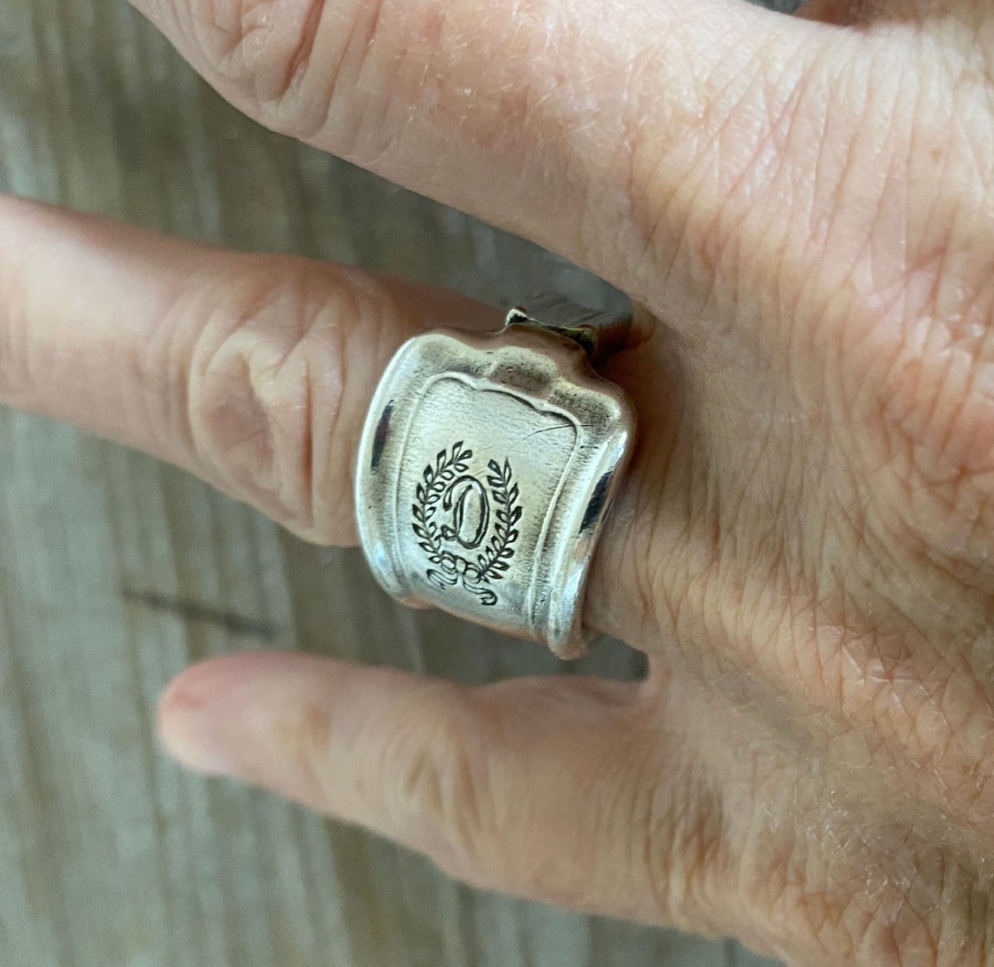 alternate close up view of monogram on Handmade Spoon Ring from hotel silver from The Drake Hotel New York