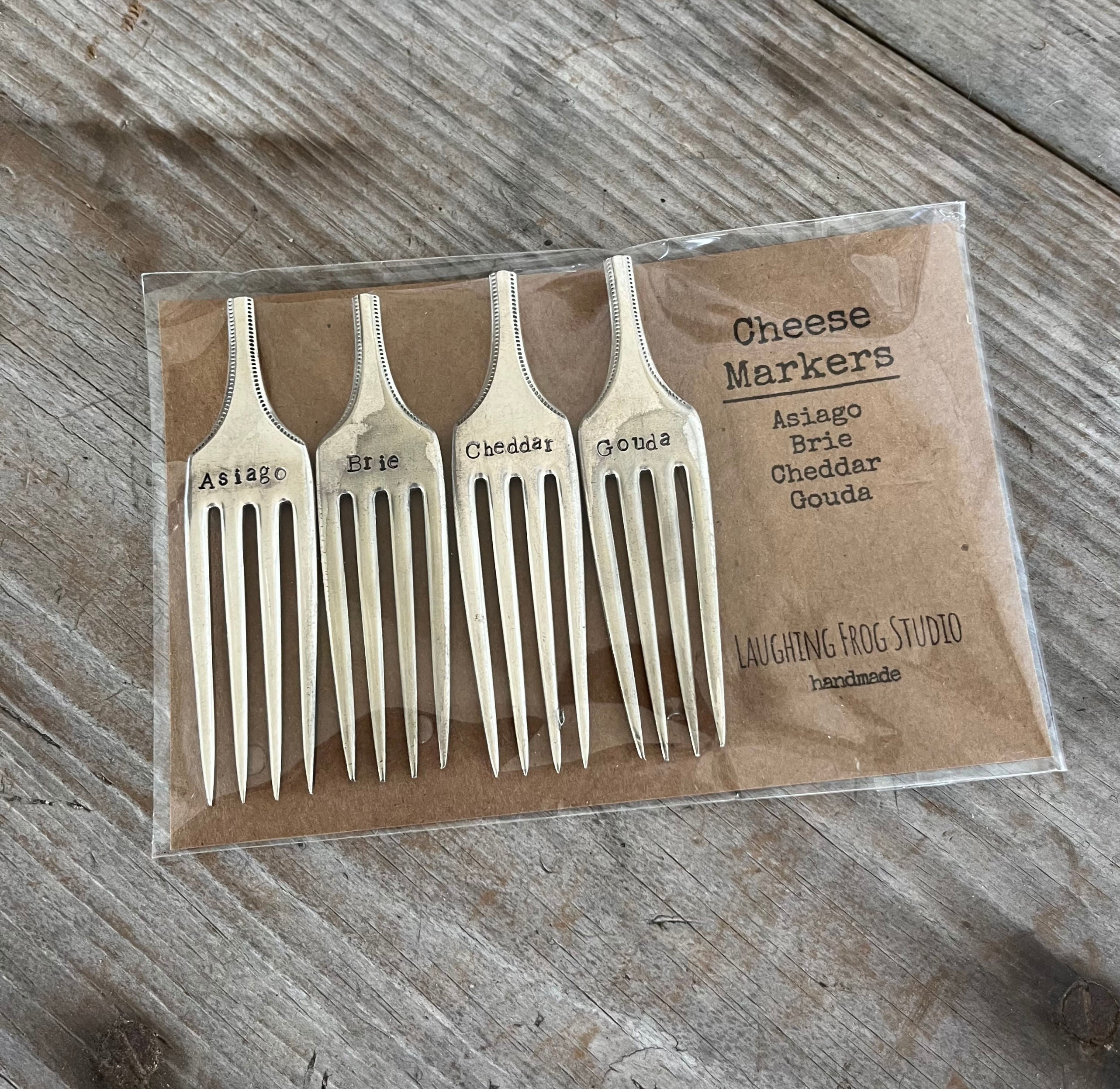 Upcycled vintage fork cheese markers set of 4 - hand-stamped Asiago, Brie, Cheddar, Gouda - antique silverware hostess gift