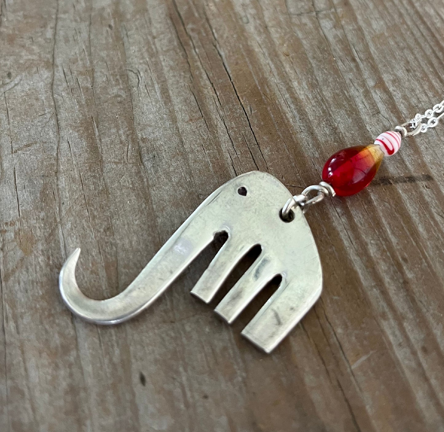 Fork Elephant Necklace with Red Beads - #5308