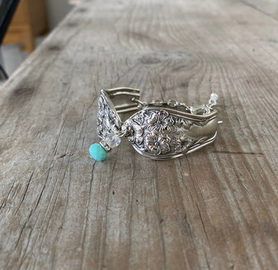 Handcrafted 1913 Fairfield spoon link bracelet with jadeite faceted bead - premium upcycled vintage silverware artisan jewelry