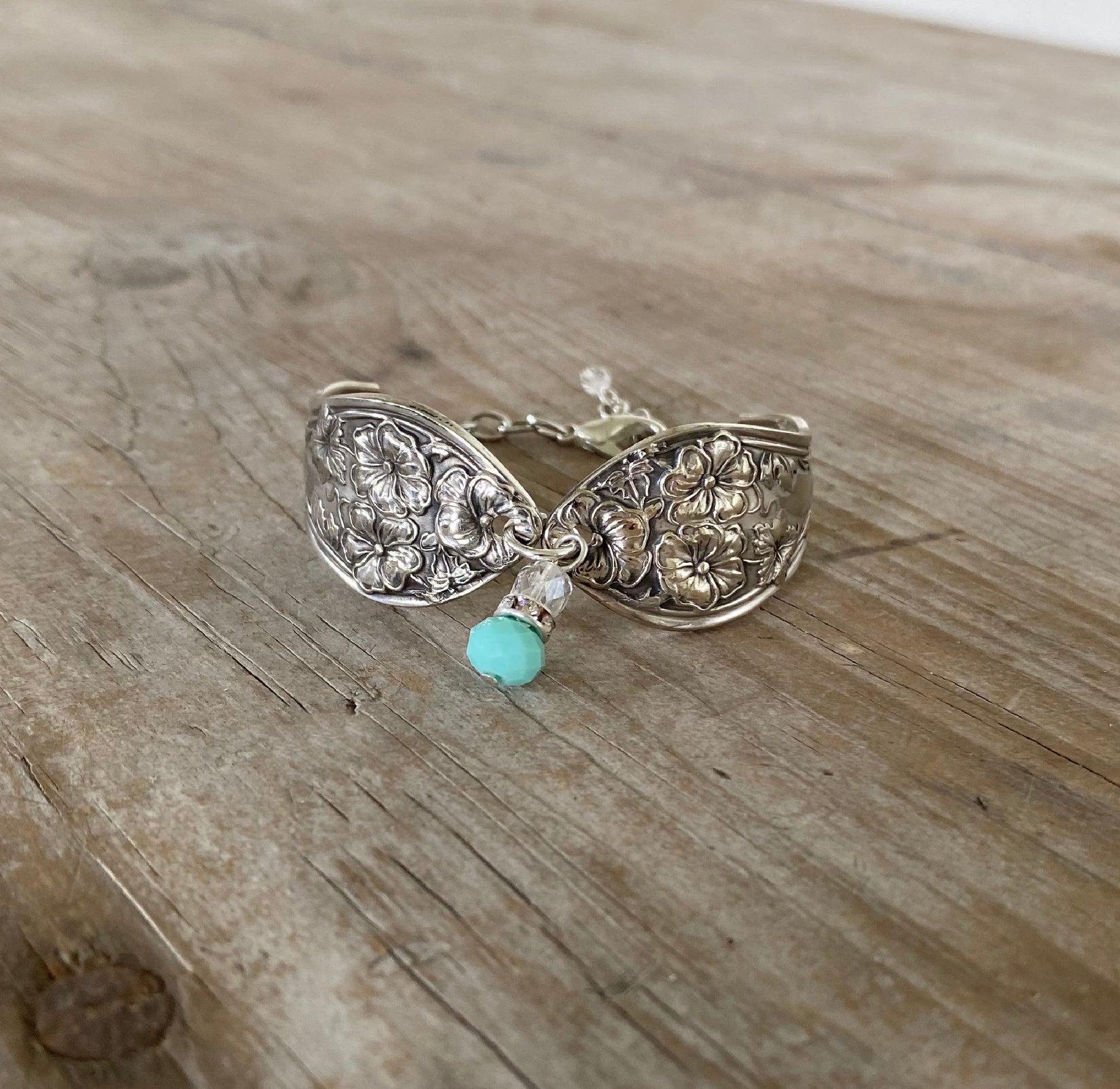 Eco-friendly upcycled Fairfield pattern spoon bracelet with aqua jadeite bead - handmade 1913 vintage silverware jewelry