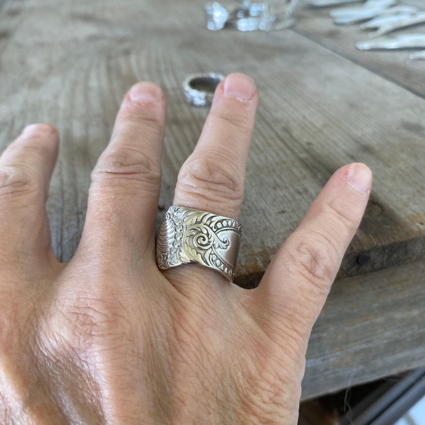 MILANO spoon ring worn on finger displaying size and fit of upcycled silverware ring