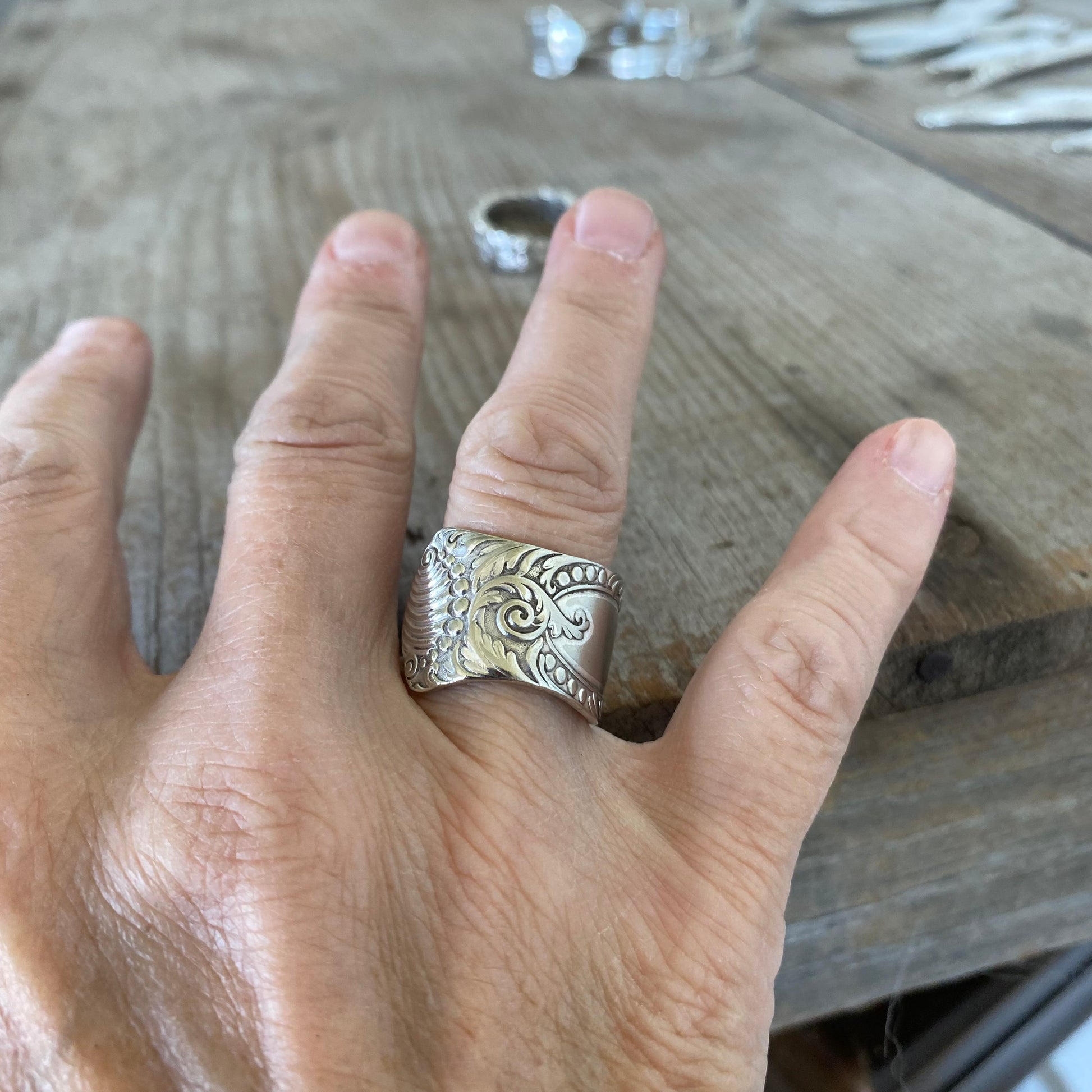 MILANO spoon ring worn on finger displaying size and fit of upcycled silverware ring