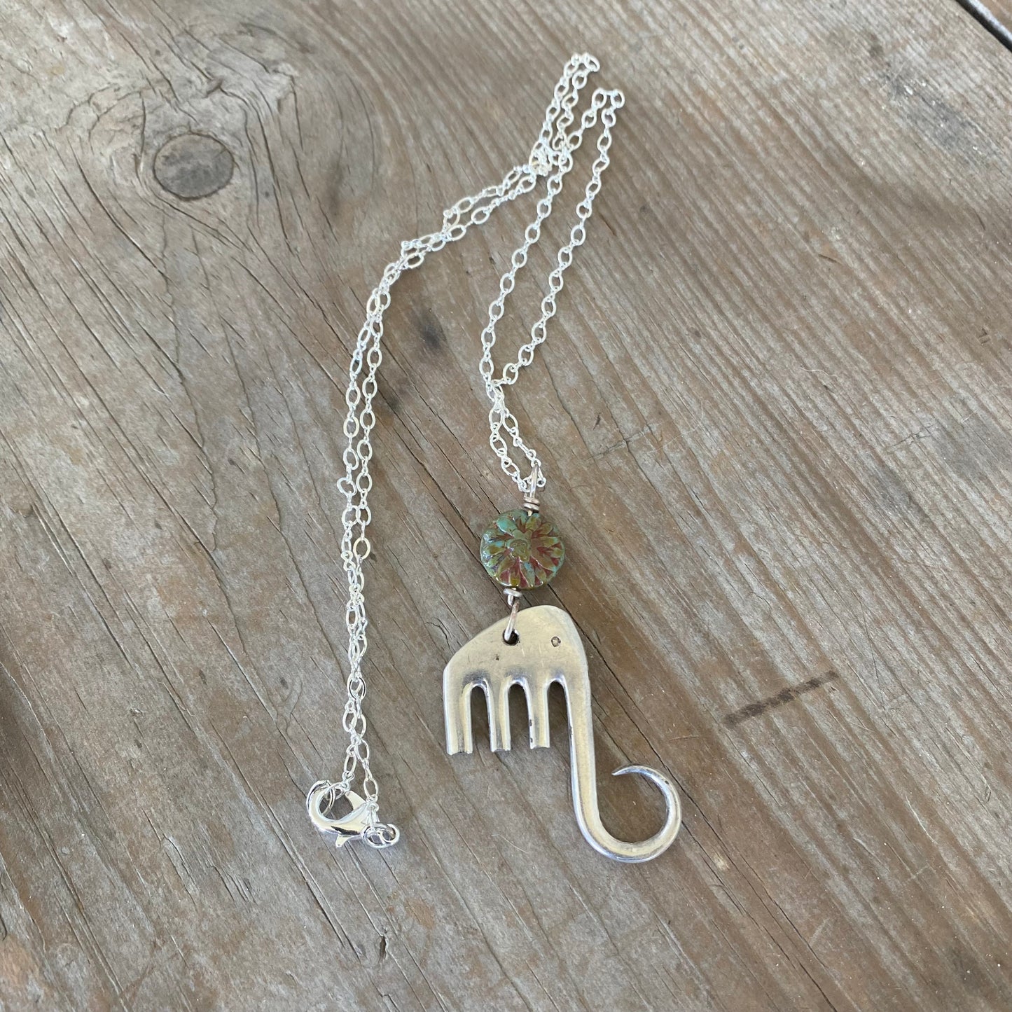 Fork Elephant Necklace w/ Sage Green Lotus Bead - #5332