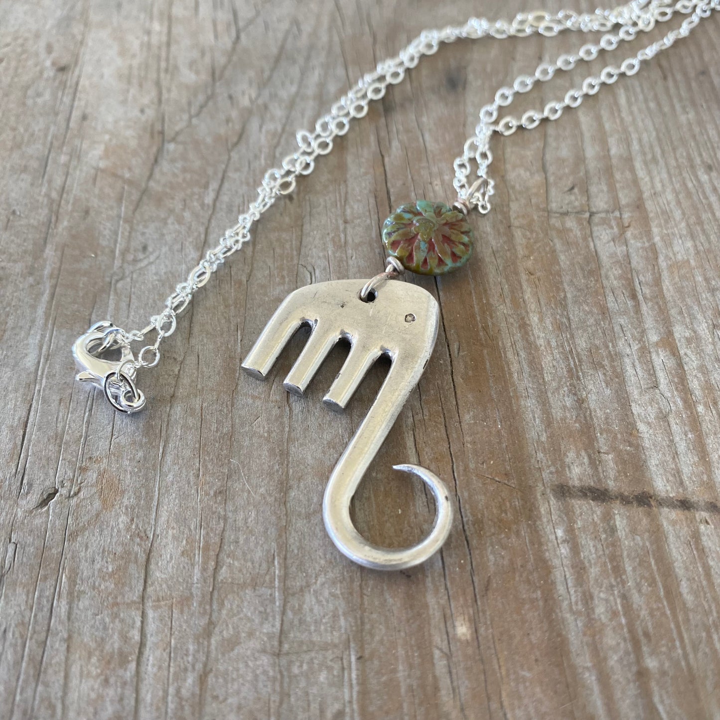 Fork Elephant Necklace w/ Sage Green Lotus Bead - #5332