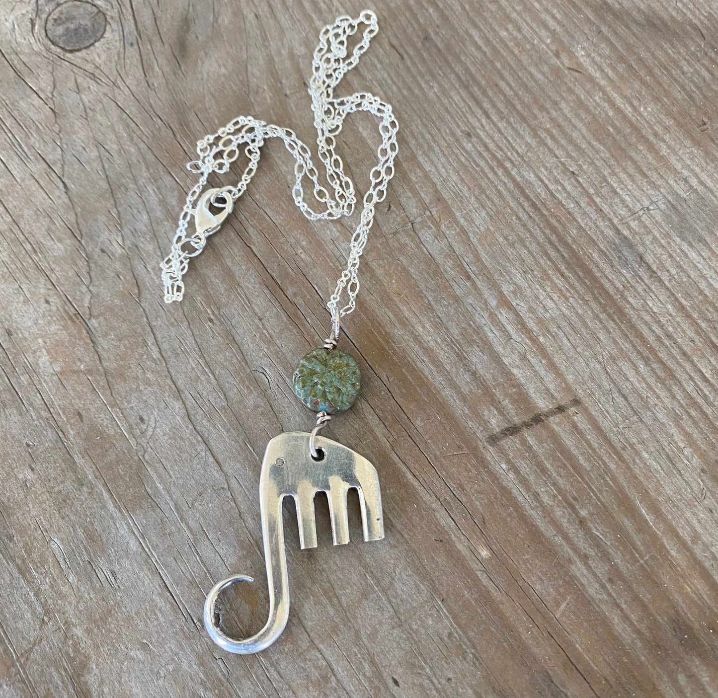 Fork Elephant Necklace w/ Sage Green Lotus Bead - #5332