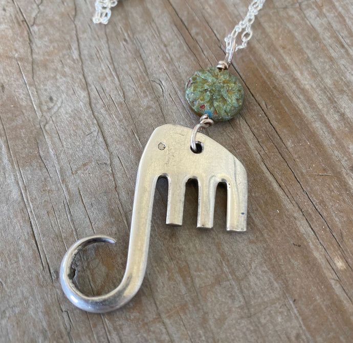 Fork Elephant Necklace w/ Sage Green Lotus Bead - #5332