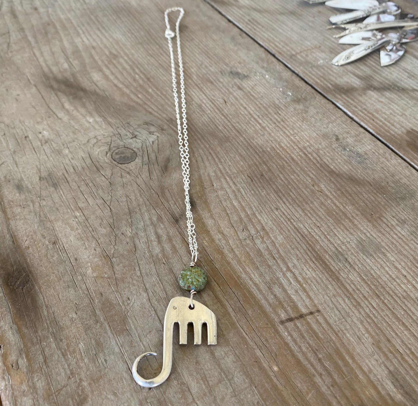 Fork Elephant Necklace w/ Sage Green Lotus Bead - #5332