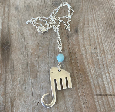 Fork Elephant Necklace with Aqua Faceted Bead - #5334