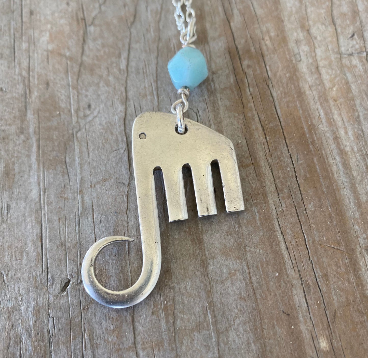 Fork Elephant Necklace with Aqua Faceted Bead - #5334
