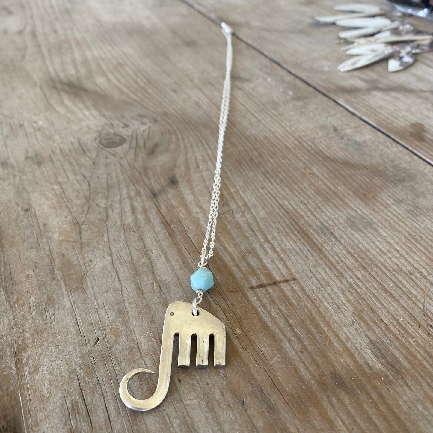 Fork Elephant Necklace with Aqua Faceted Bead - #5334