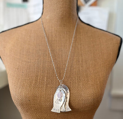 Eco-friendly upcycled vintage spoon fish statement necklace with rose quartz modeled on mannequin - handmade artisan jewelry