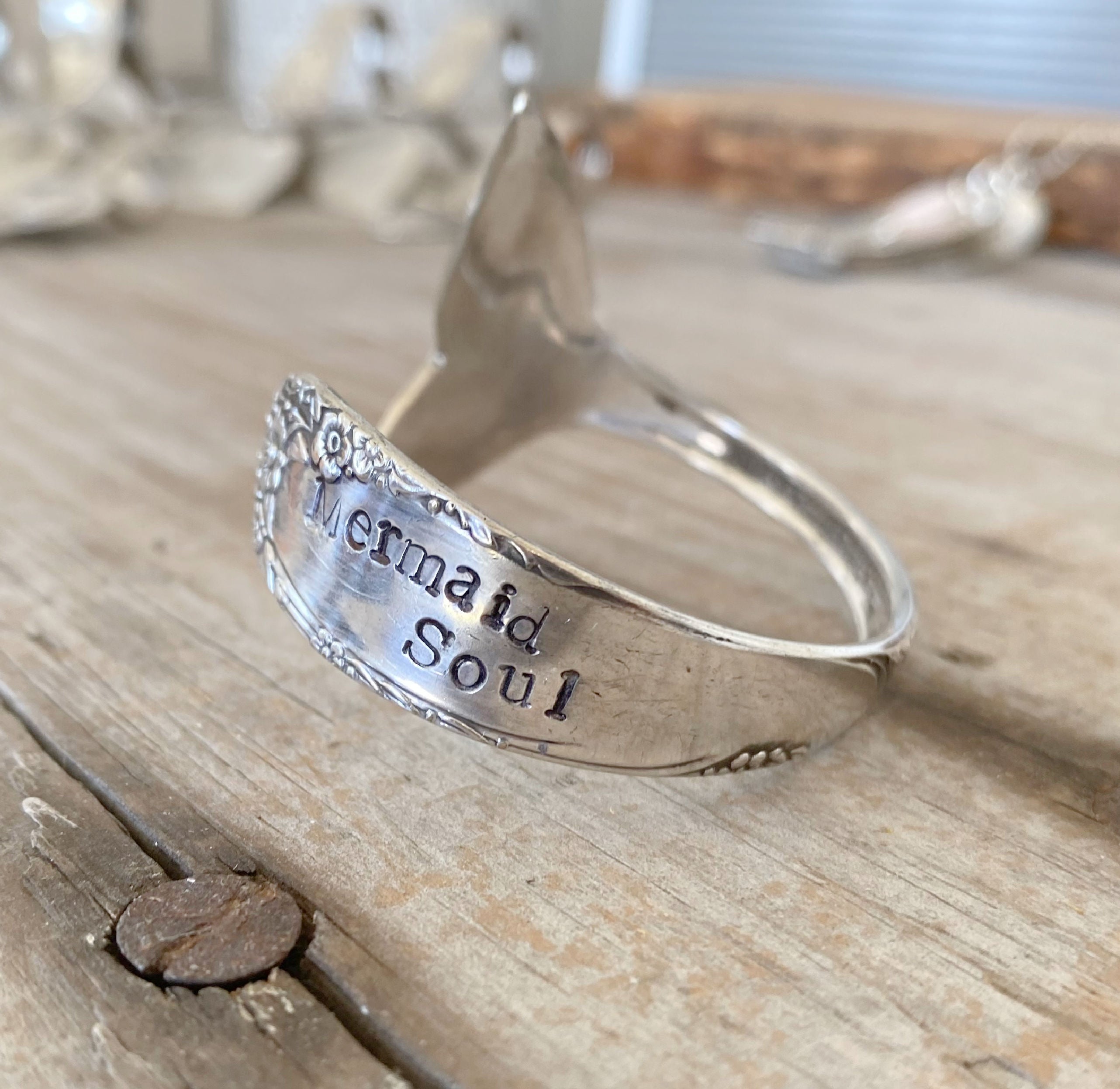 Hand-stamped Mermaid Soul vintage spoon cuff bracelet with carved tail fin in English Garden 1949 silverplate pattern
