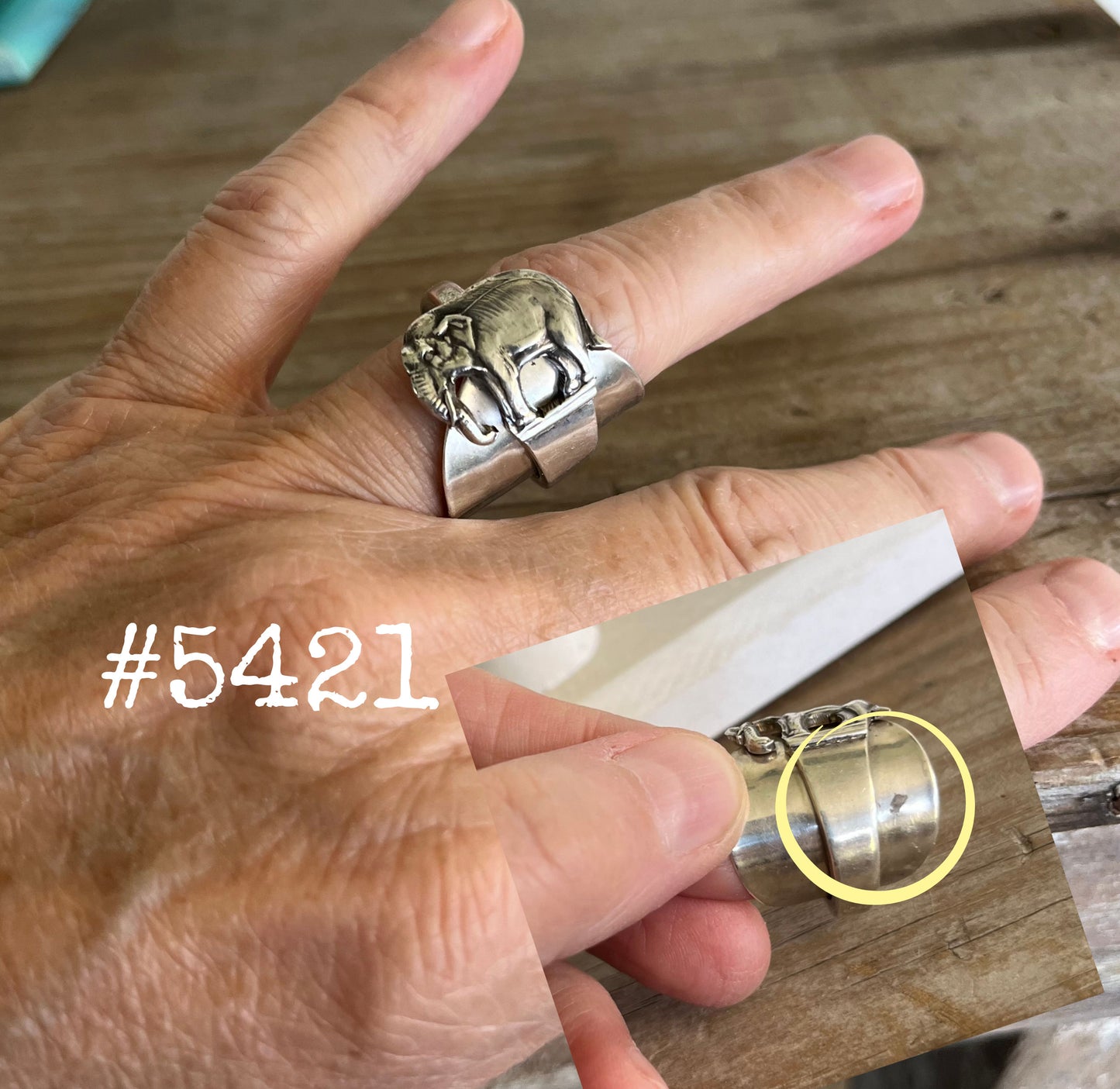 Sterling Spoon Cuff Ring Elephant