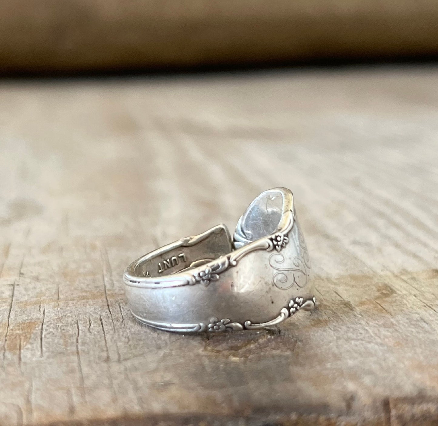 Backside view of vintage Lunt Mignonette sterling silver baby spoon transformed into artisan statement ring