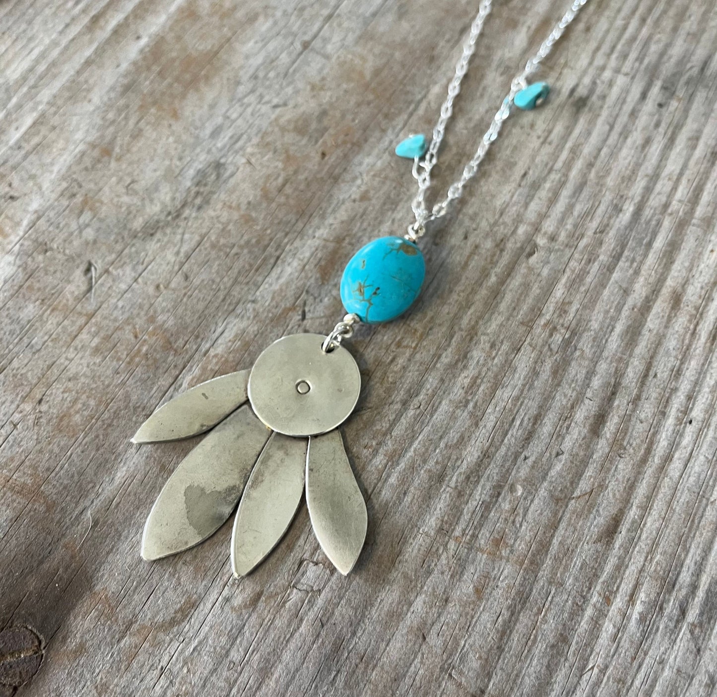 Handcrafted feathery artisan spoon pendant necklace with stone accents - premium upcycled vintage silverware jewelry