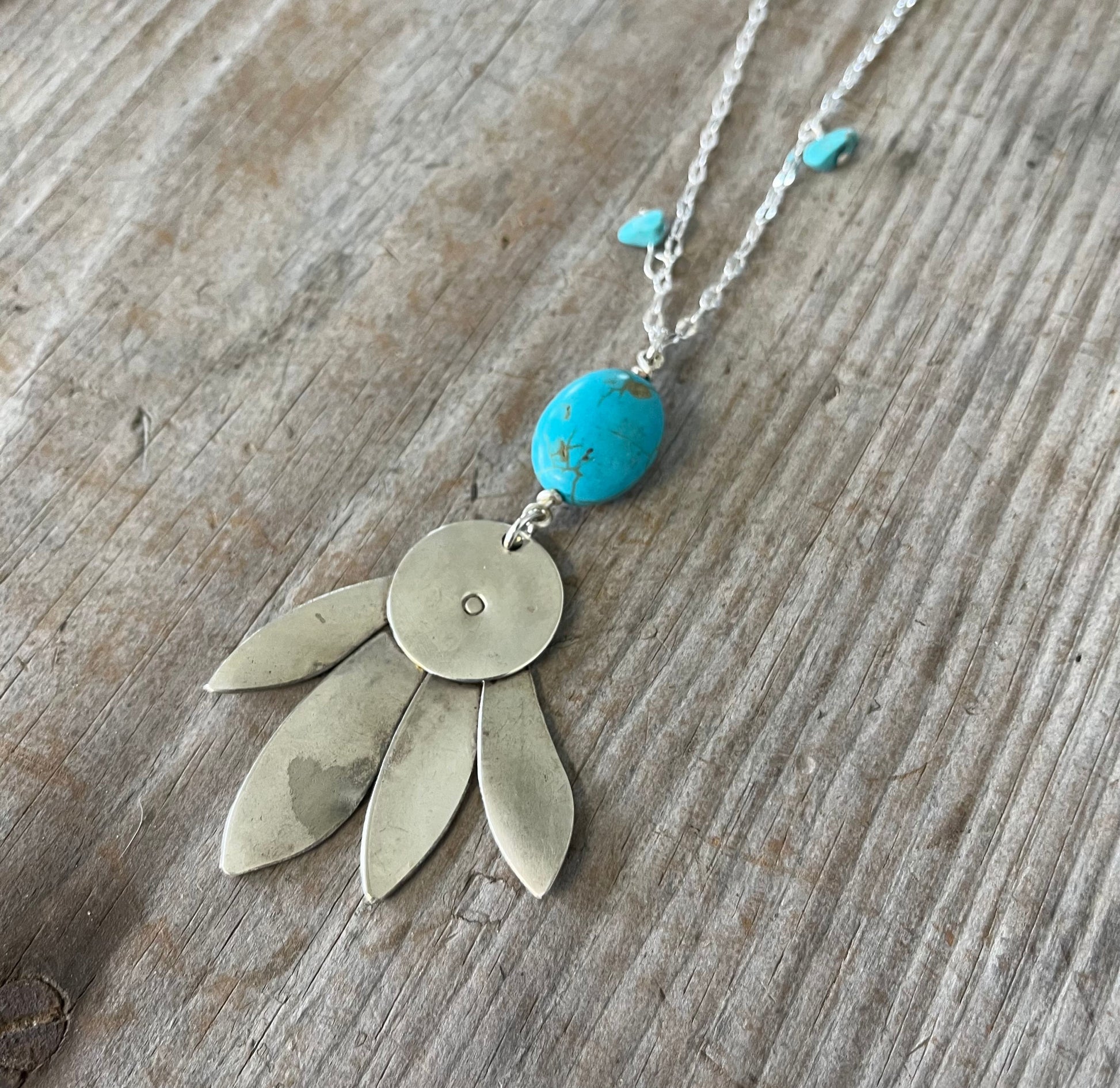 Handcrafted feathery artisan spoon pendant necklace with stone accents - premium upcycled vintage silverware jewelry