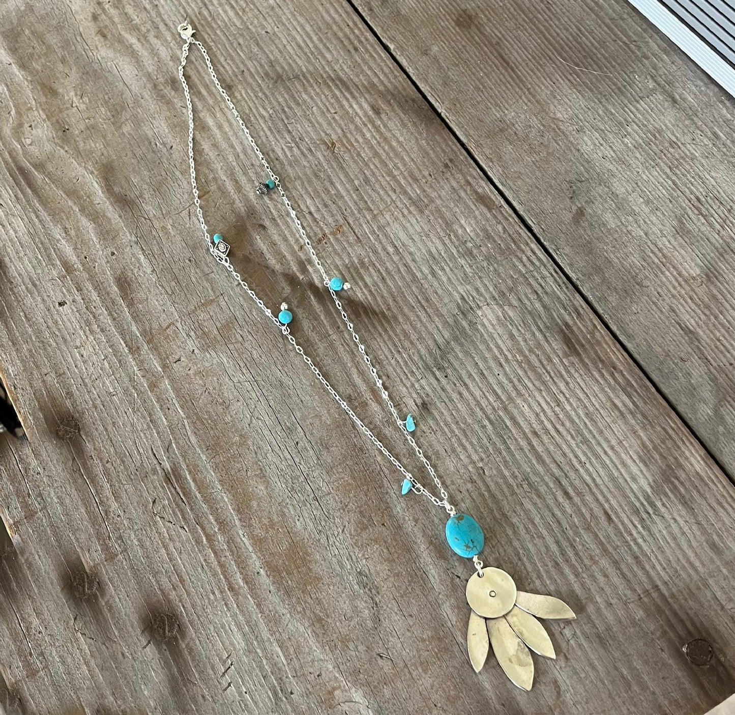 Eco-friendly upcycled vintage spoon statement necklace with feathery design and stone accents - handmade artisan jewelry