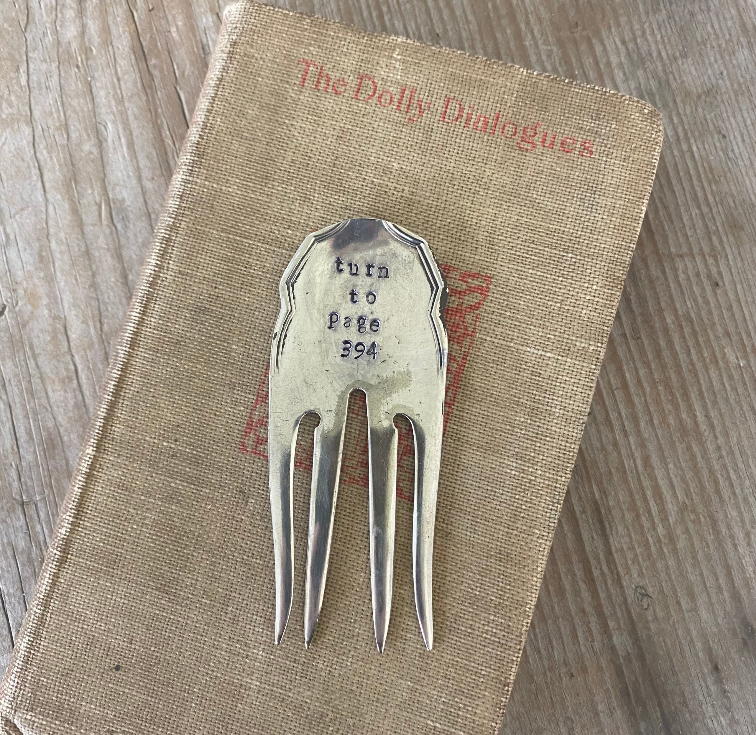 handcrafted vintage fork bookmark stamped TURN TO PAGE 394 - unique Harry Potter gift