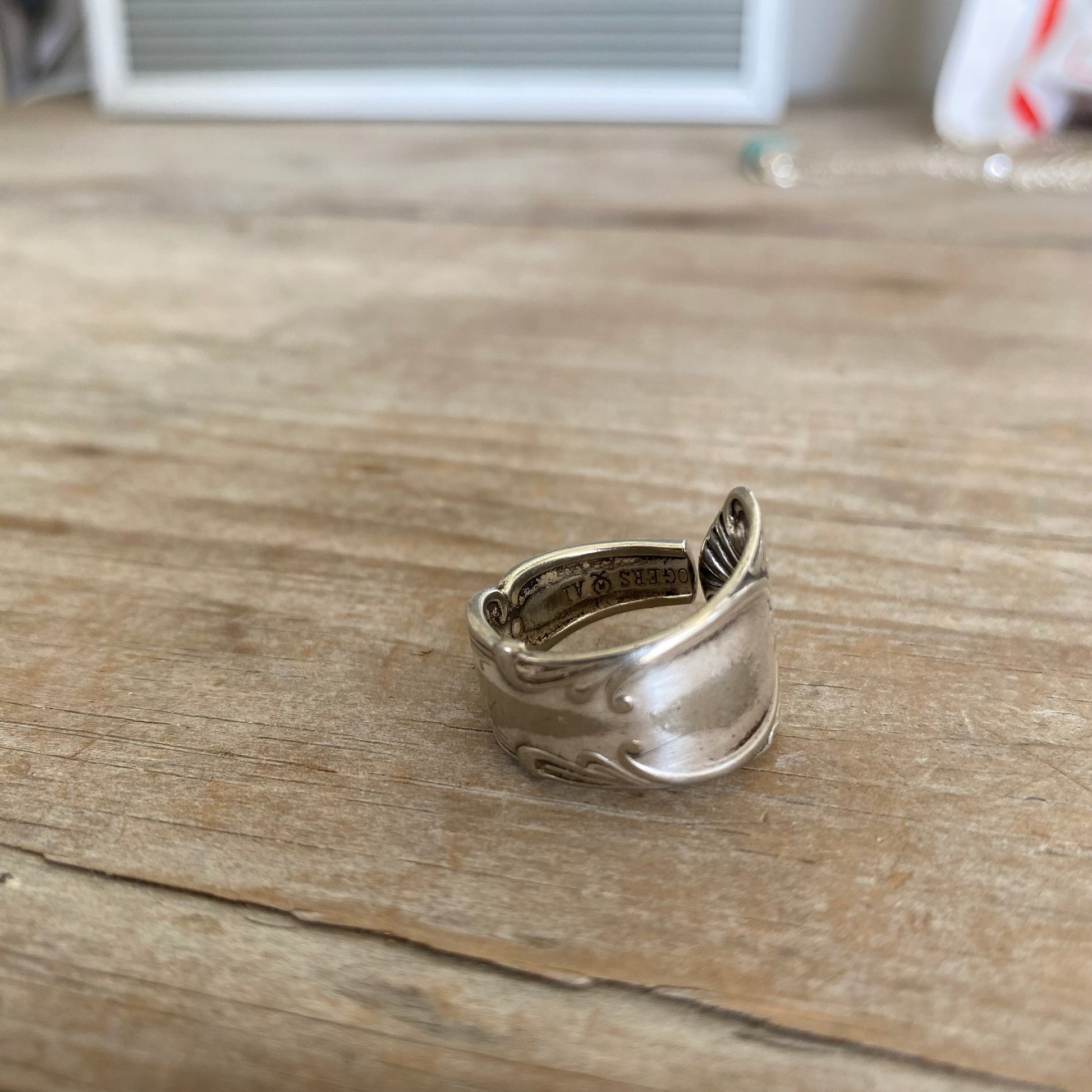 Back view of Hand made upcycled silverware spoon ring Ardsley Size 9