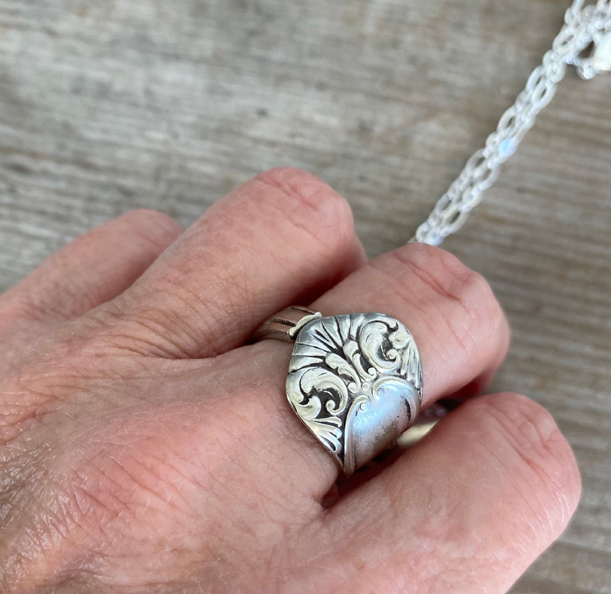 Hand made upcycled silverware spoon ring Ardsley Size 9 Shown on Model