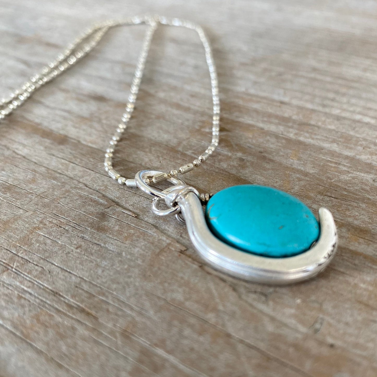 SALE Silverware Handle Necklace with Swiveling Turquoise Colored Stone
