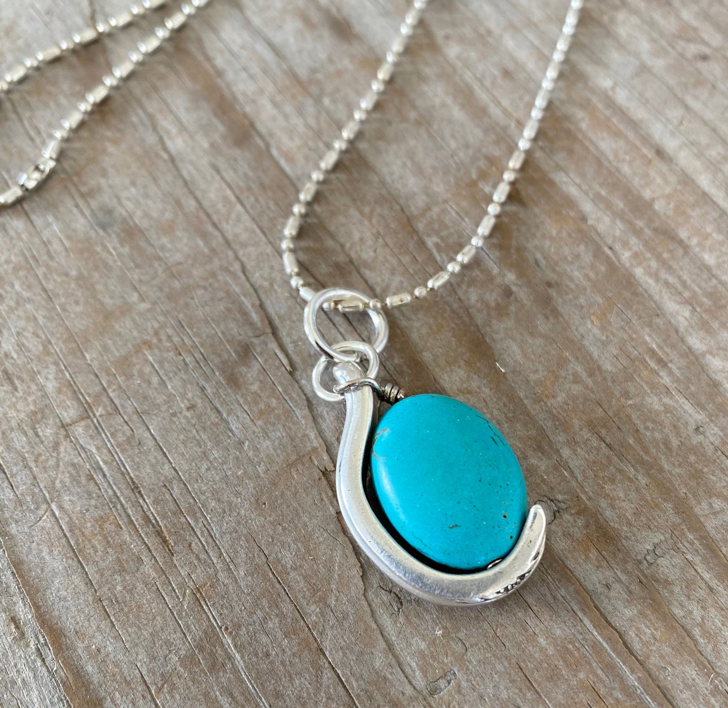 SALE Silverware Handle Necklace with Swiveling Turquoise Colored Stone