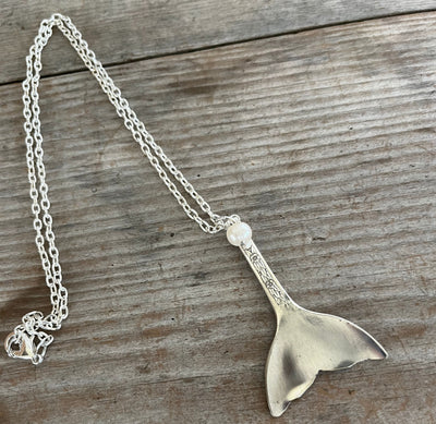 Handmade spoon mermaid whale tail necklace with cultured pearl bead accent, upcycled vintage silverplate beach life jewelry 