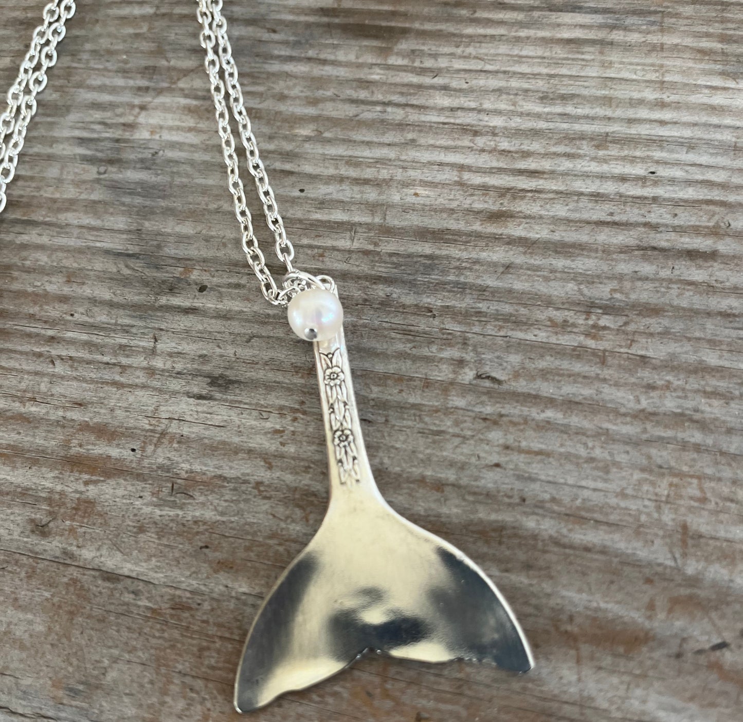 one-of-a-kind spoon whale tail necklace with cultured pearl on long 23-inch silverplate chain, sustainable handmade ocean-inspired jewelry
