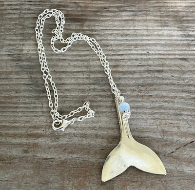 Handmade spoon mermaid whale tail necklace with light blue and rhinestone beads, upcycled vintage silverplate beach life jewelry