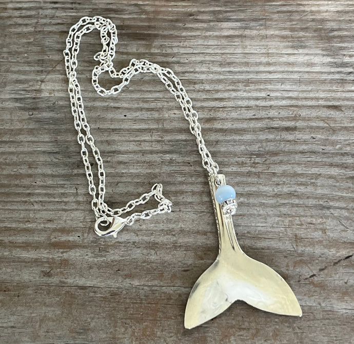 Spoon Mermaid Tail Whale Tail Necklace with Rhinestone & Blue Bead