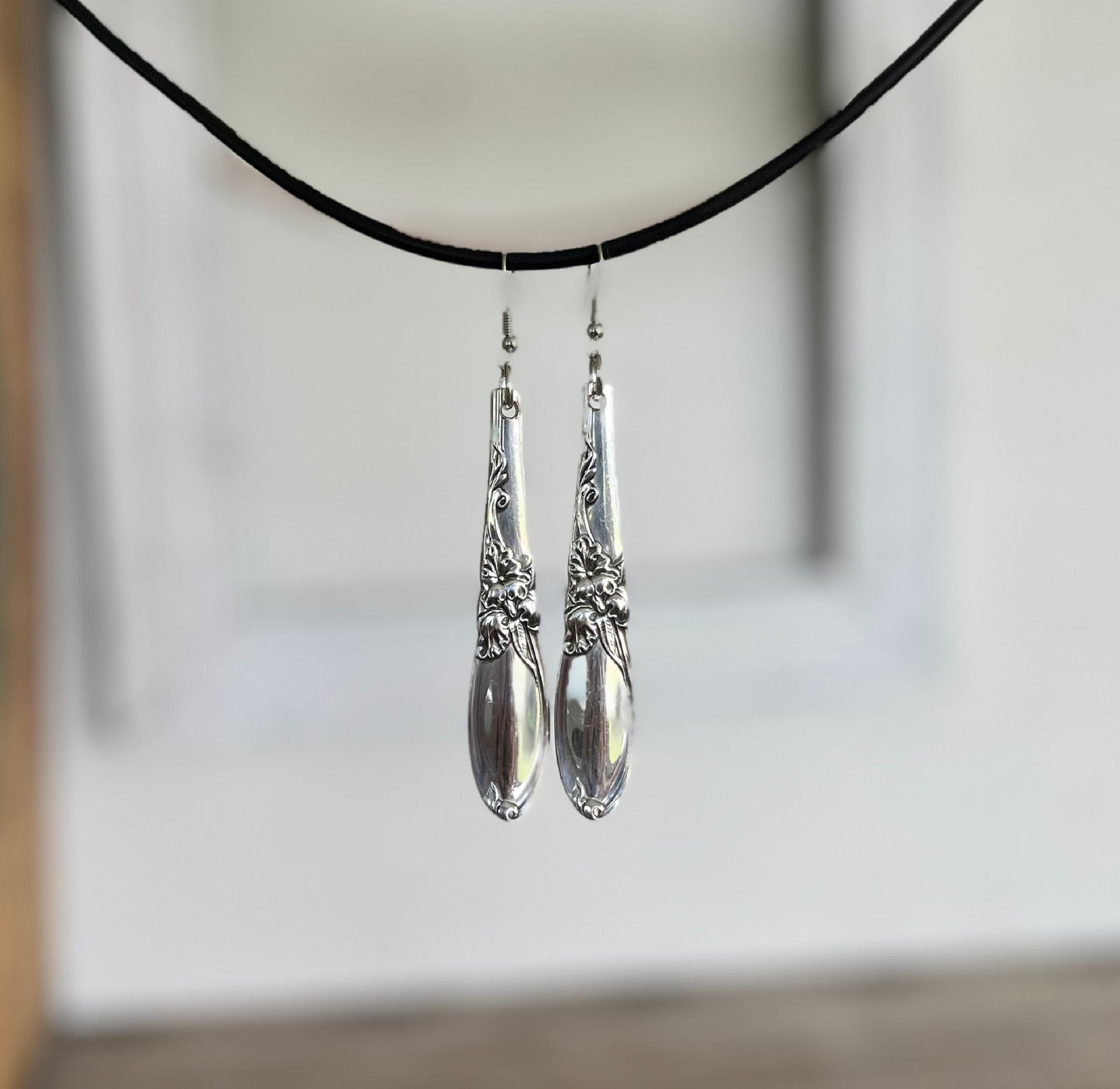 Teardrop-shaped White Orchid pattern spoon earrings, upcycled mid-century silverplate, 3.375 inches long