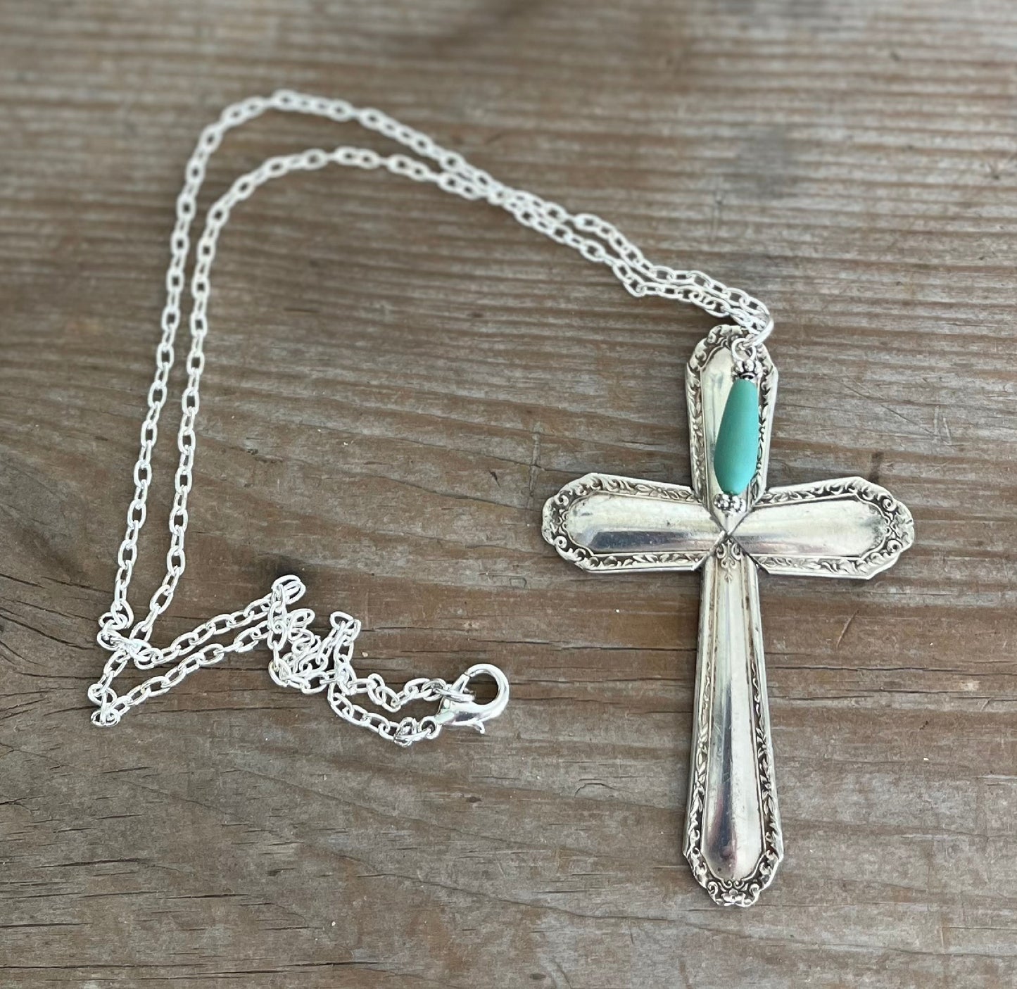 Spoon Necklace with Cross Pendant and Turquoise Colored Bead
