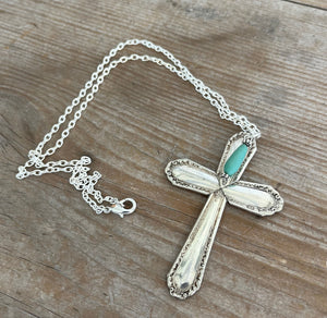 Spoon Necklace with Cross Pendant and Turquoise Colored Bead