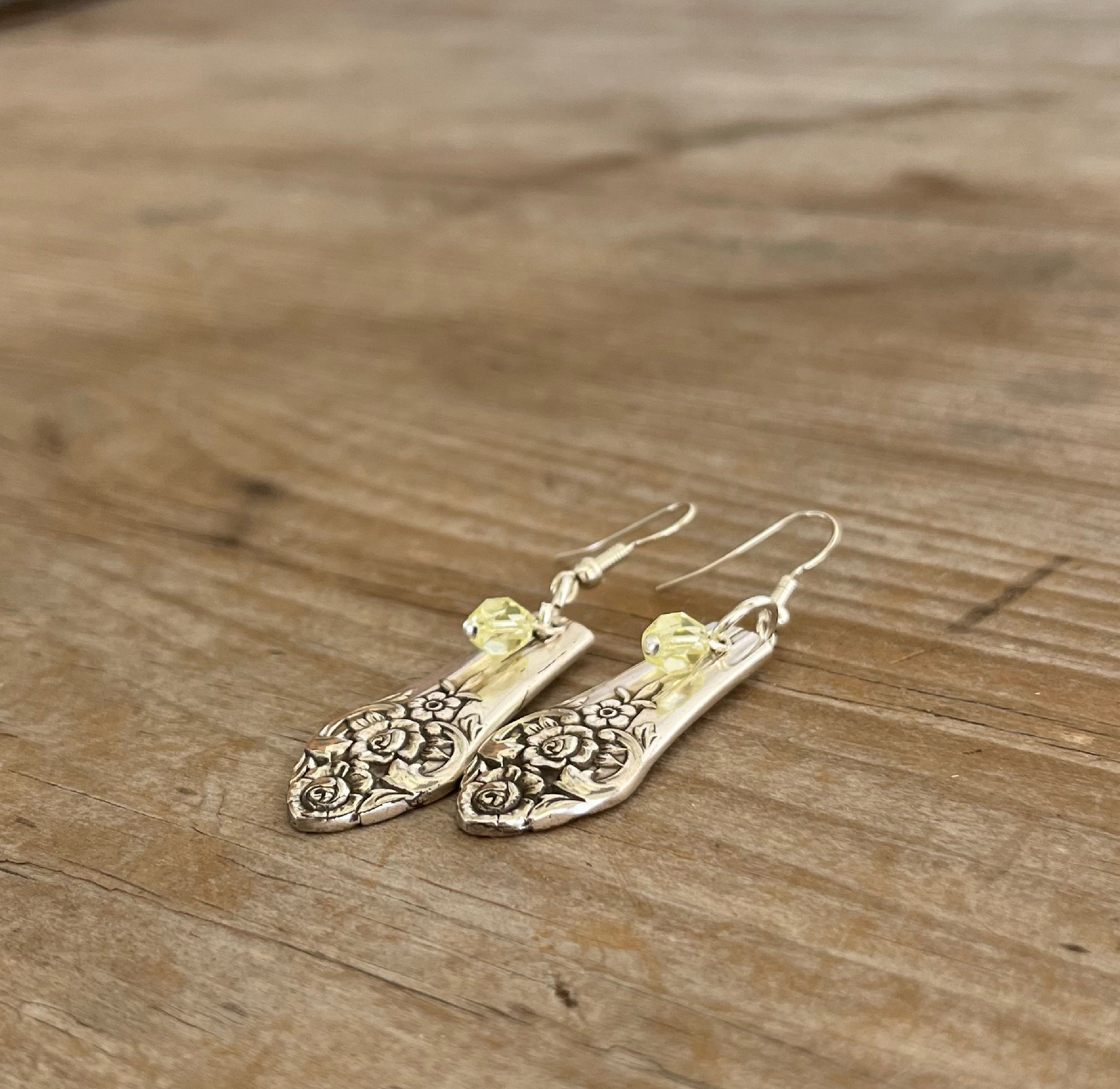 Teardrop-shaped Plantation pattern spoon earrings with fresh chartreuse bead accents, upcycled mid-century silverware, 2.25 inches long