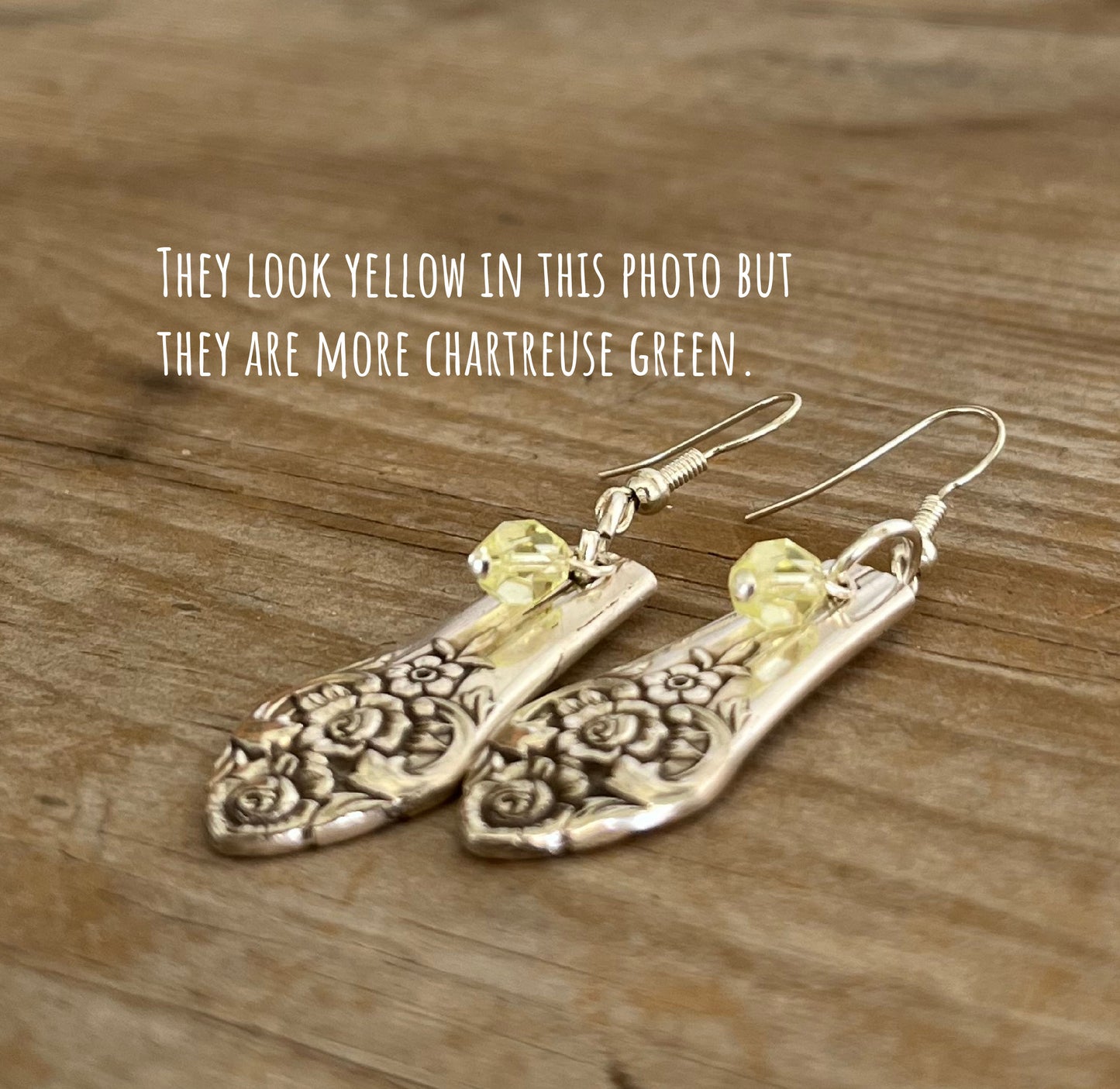Plantation spoon earrings with chartreuse beads showing vintage silverplate patina and mid-century floral design