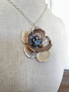Silverplate Flower Necklace with Millefiori Bead accents