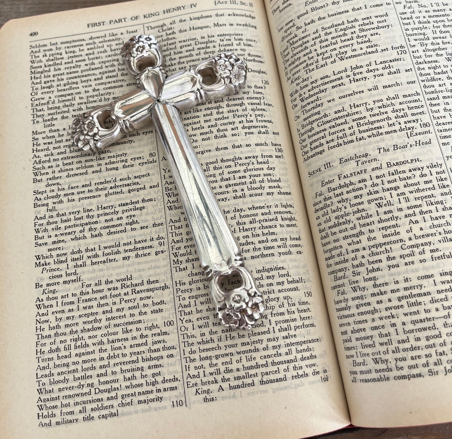 Close-up of Eternally Yours pattern detail on handcrafted cross Bible bookmark from upcycled vintage silverware