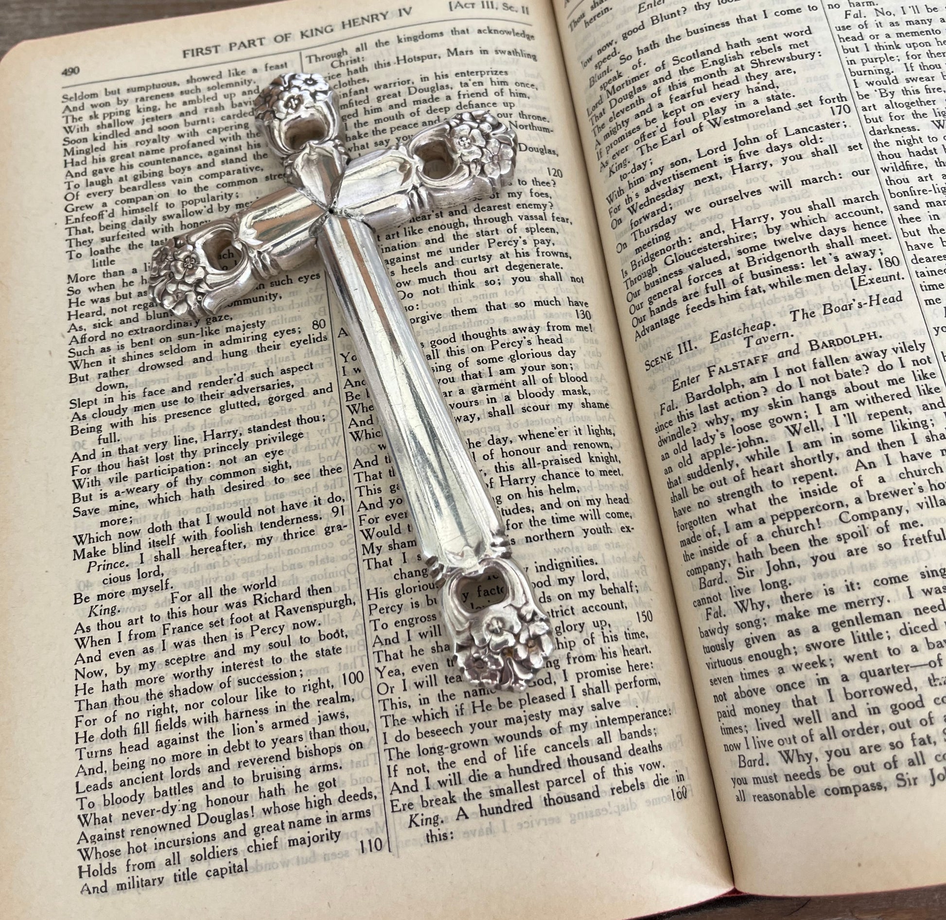 Close-up of Eternally Yours pattern detail on handcrafted cross Bible bookmark from upcycled vintage silverware