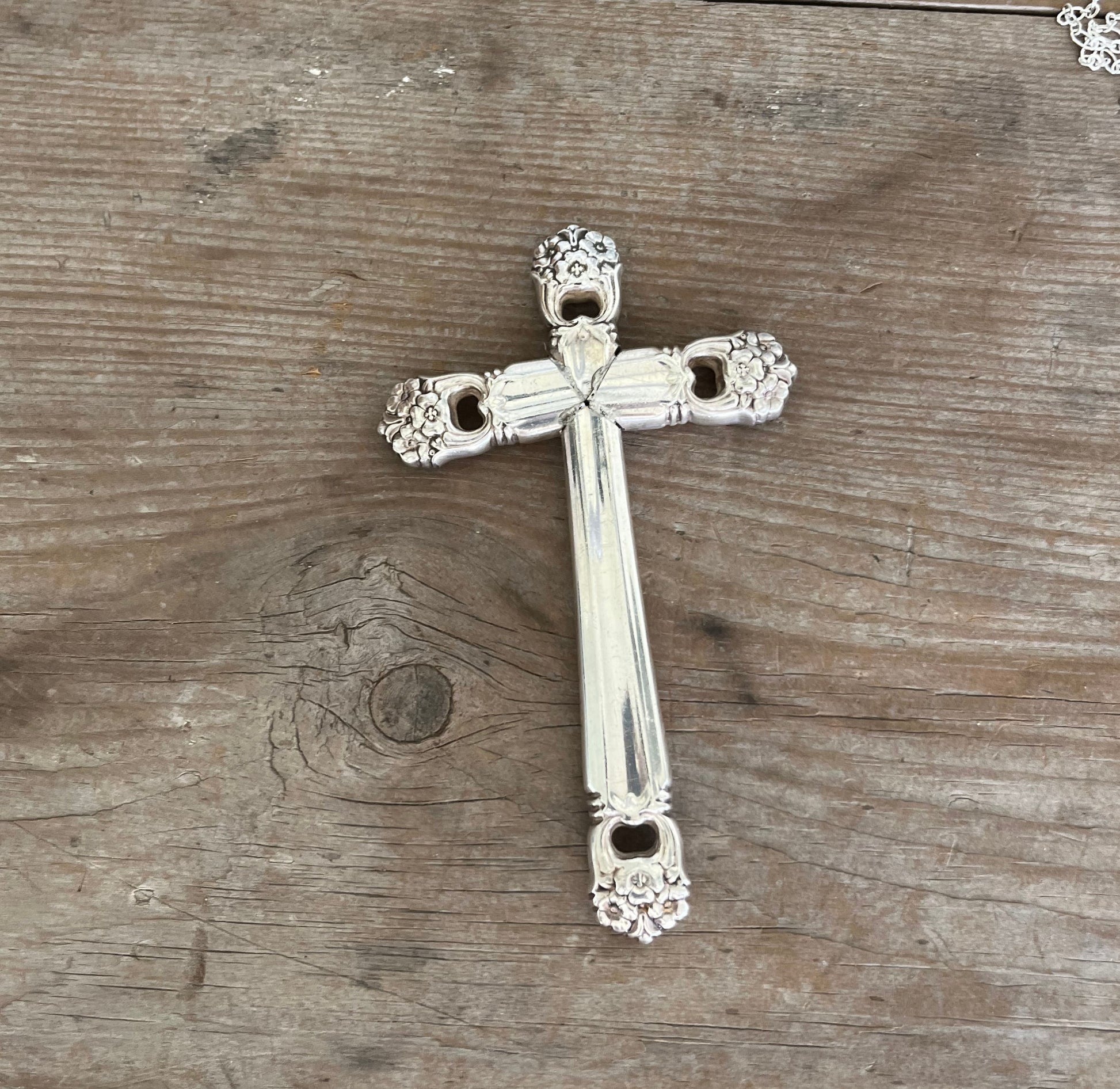 Handcrafted cross-shaped Bible bookmark made from 1847 Rogers Bros Eternally Yours knives
