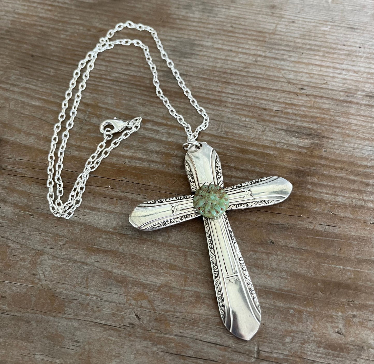 Handcrafted spoon cross necklace on silverplate chain - vintage Regent silverware religious jewelry with turquoise bead