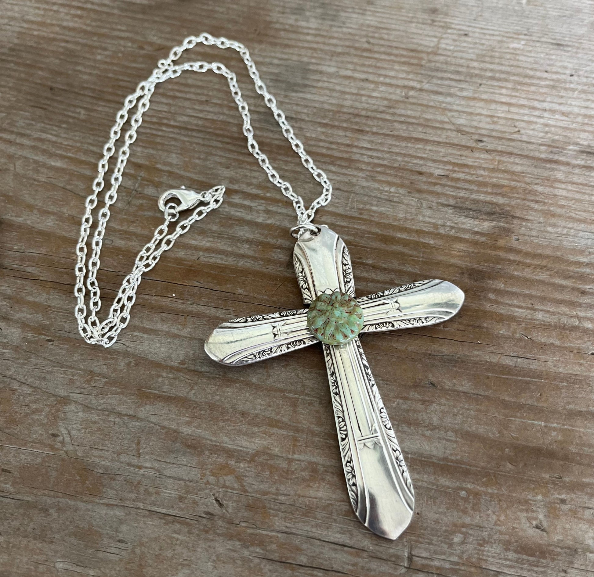 Handcrafted spoon cross necklace on silverplate chain - vintage Regent silverware religious jewelry with turquoise bead