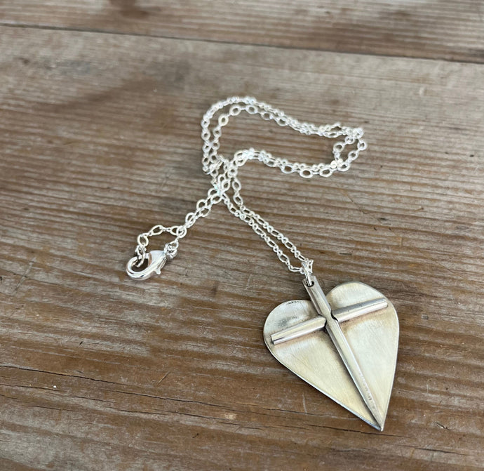 Fork Tine Cross on Stylized Spoon Heart Pendant Necklace - #5550
