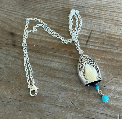 Upcycled vintage silverware bell necklace with blue beads, Lady Densmore pattern by William Rogers 1958