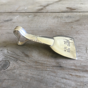 Side View of Handmade Upcycled Spoon Cheese Knife Hand Stamped with Who Cut The Cheese