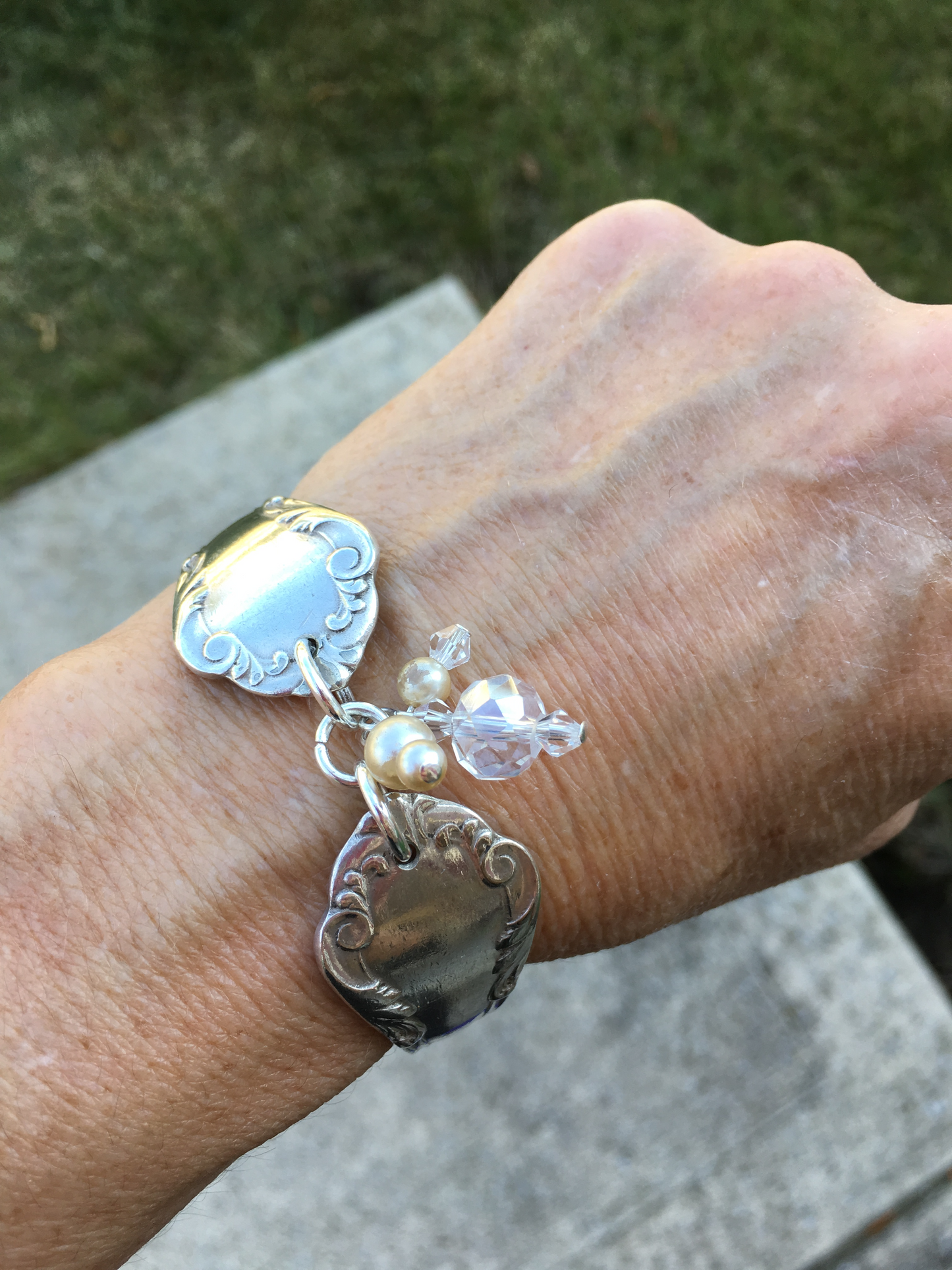 Spoon Link Bracelet - Crystal & Pearl Vintage Beads - #3576