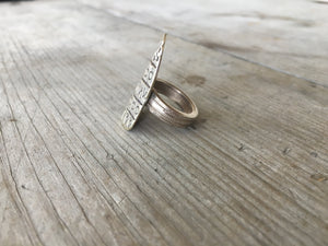 Side close up view of Artisan Statement Spoon Ring made from upcycled silverware and spoon parts